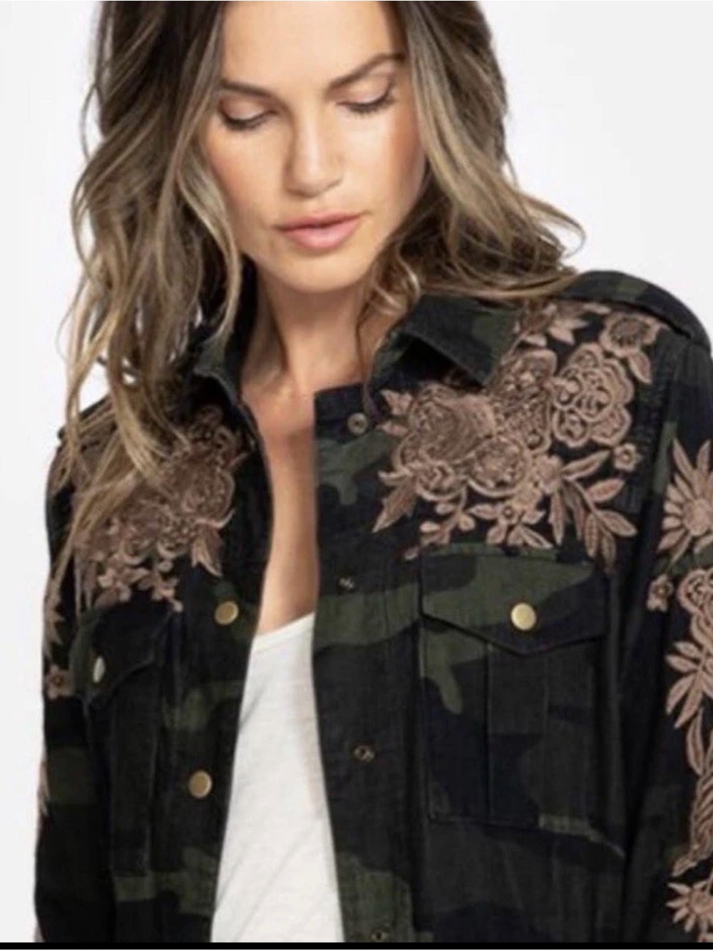 🌱Johnny Was MILOQUI DRAWSTRING MILITARY Embroidered Camo Shirt Jacket corduroy